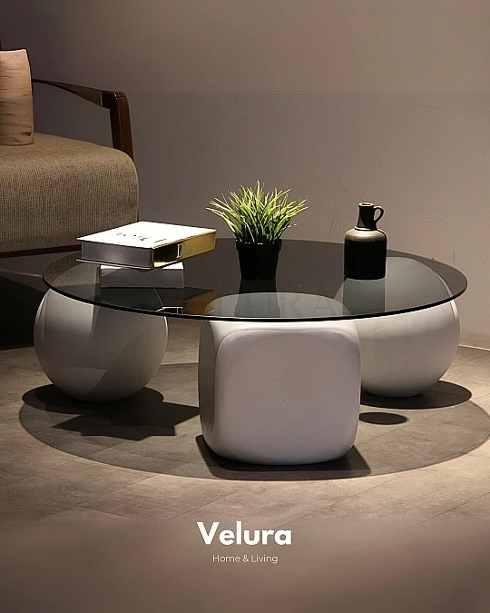 Küre Orta Sehpa - 2 Top  Beyaz & 1 Beyaz Zar - Yuvarlak - Füme Cam 