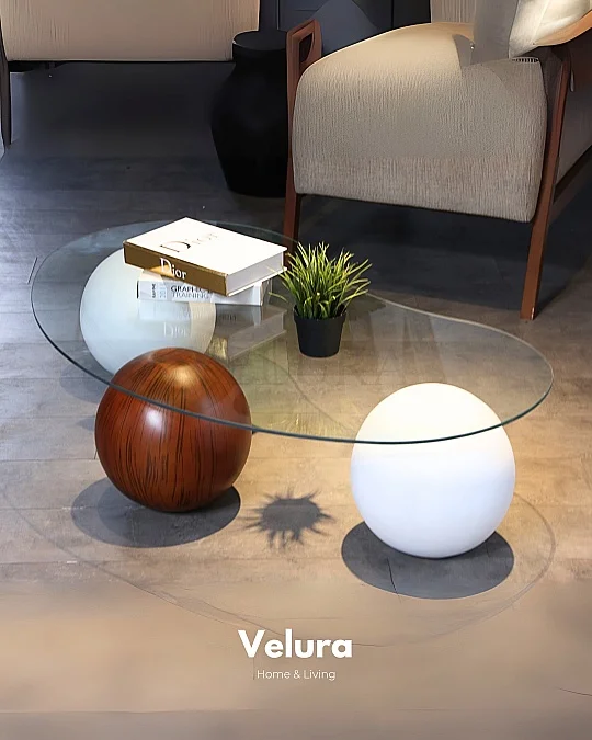 Küre Orta Sehpa - 2 Beyaz Top & 1 Ceviz Top - Fasulye - Şeffaf Cam