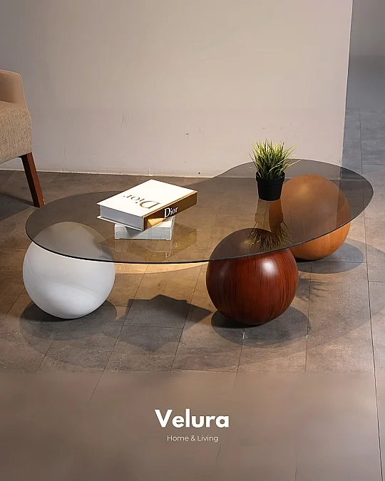 Küre Orta Sehpa - 1 Beyaz Top & 1 Ceviz Top & 1 Meşe Top - Fasulye - Füme Cam