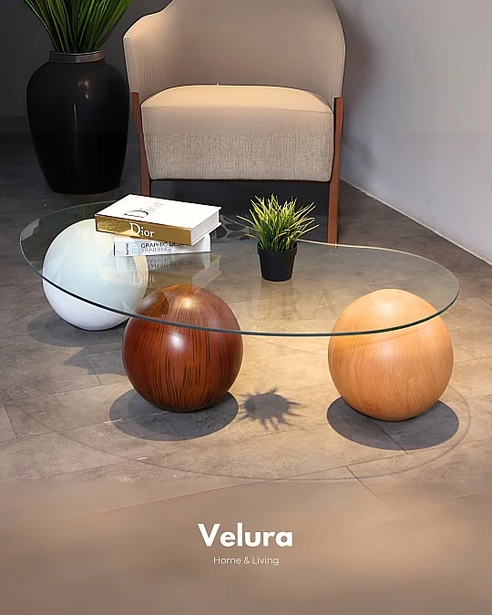 Küre Orta Sehpa - 1 Beyaz Top & 1 Ceviz Top & 1 Meşe Top - Fasulye - Şeffaf Cam