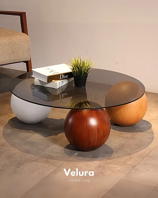 Küre Orta Sehpa - 1 Beyaz Top & 1 Ceviz Top & 1 Meşe Top - Yuvarlak - Füme Cam