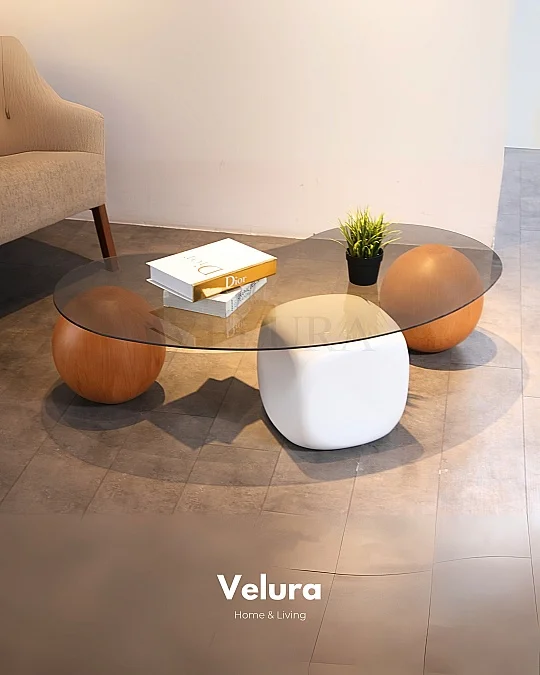 Küre Orta Sehpa - 2 Meşe Top & 1 Beyaz Zar - Fasulye - Füme Cam