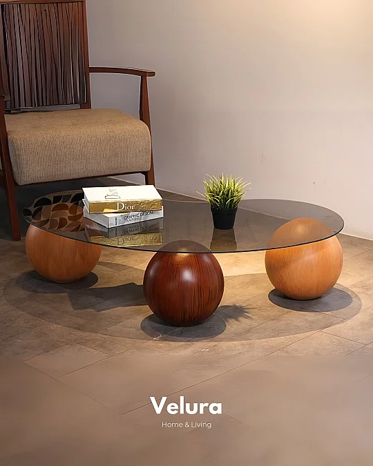 Küre Orta Sehpa - 2 Meşe Top & 1 Ceviz Top - Fasulye - Füme Cam