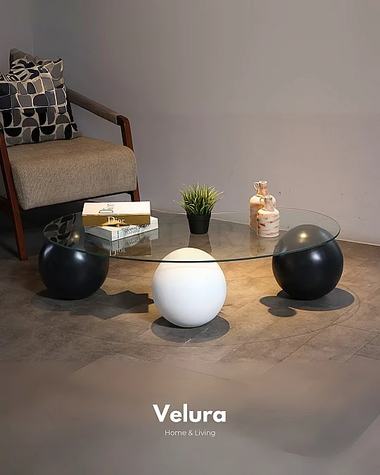 Küre Orta Sehpa - 2 Siyah Top & 1 Beyaz Top - Fasulye - Seffaf Cam