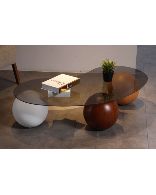 Küre Orta Sehpa - 1 Beyaz Top & 1 Ceviz Top & 1 Meşe Top - Fasulye - Füme Cam