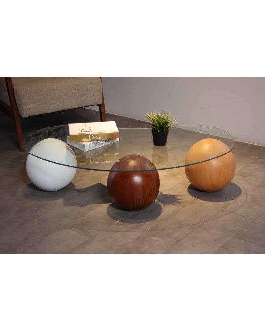 Küre Orta Sehpa - 1 Beyaz Top & 1 Ceviz Top & 1 Meşe Top - Fasulye - Şeffaf Cam