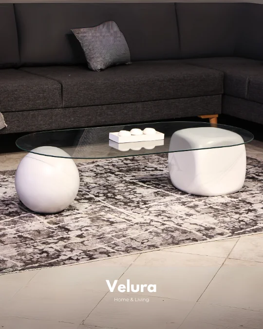 Küre Orta Sehpa - 1 Beyaz Top & 1 Beyaz Zar - Oval - Şeffaf Cam