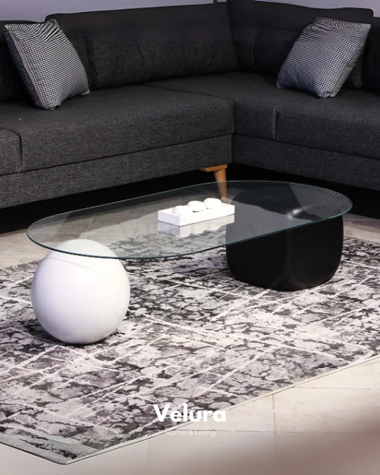 Küre Orta Sehpa - 1 Beyaz Top & 1 Siyah Zar - Oval - Şeffaf Cam