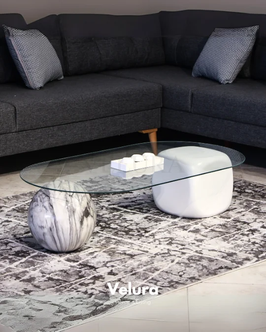 Küre Orta Sehpa - 1 Diana Top & 1 Beyaz Zar - Oval - Şeffaf Cam