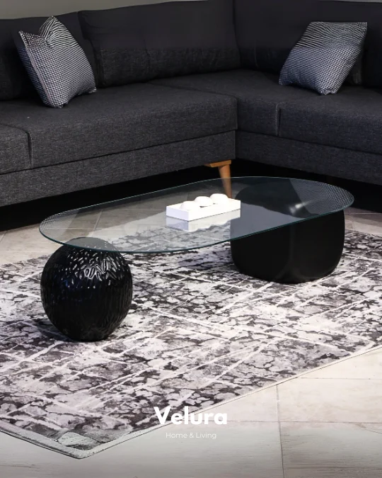 Küre Orta Sehpa - 1 Dragon (Siyah) Top & 1 Siyah Zar - Oval - Şeffaf Cam