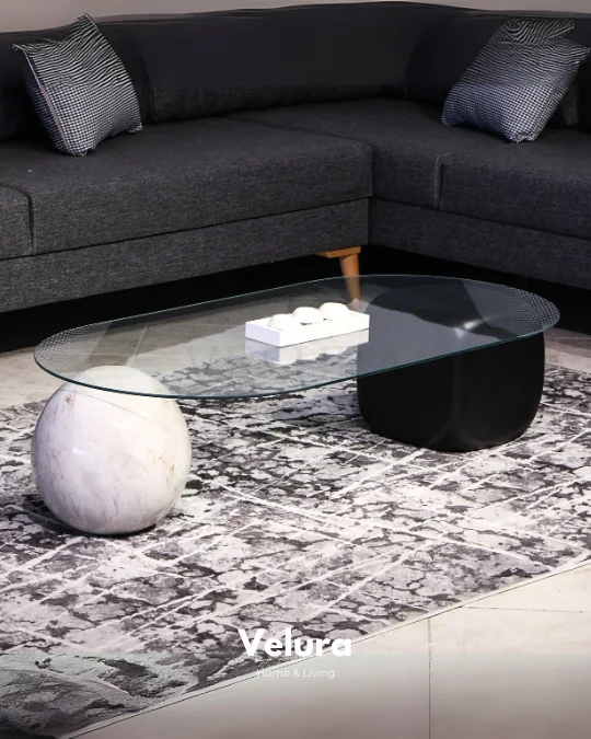 Küre Orta Sehpa - 1 Pleksi Mermer Top & 1 Siyah Zar - Oval - Şeffaf Cam