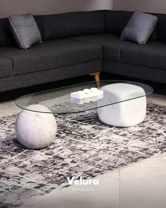 Küre Orta Sehpa - 1 Pleksi Mermer Top & 1 Beyaz Zar - Oval - Şeffaf Cam