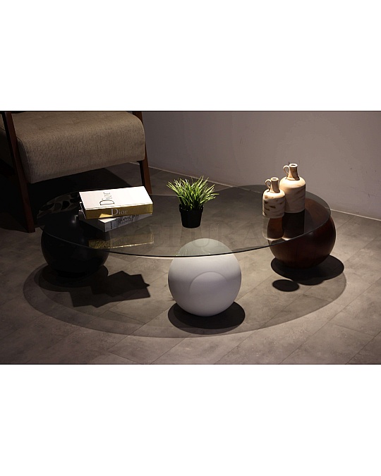 Küre Orta Sehpa - 1 Siyah Top & 1 Beyaz Top & 1 Ceviz Top - Fasulye - Füme Cam