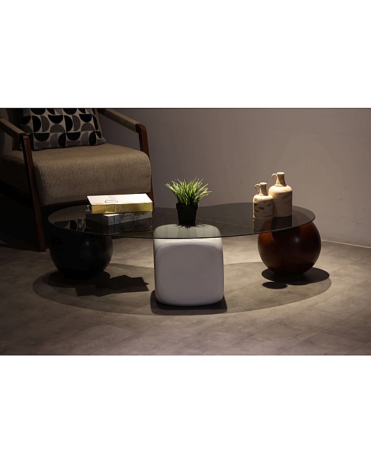 Küre Orta Sehpa - 1 Siyah Top & 1Ceviz Top & 1 Beyaz Zar - Fasulye - Füme Cam