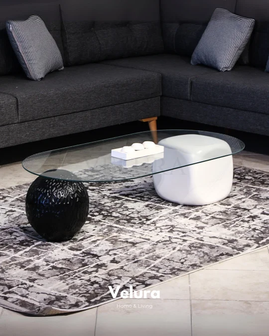 Küre Orta Sehpa - 1 Dragon (Siyah) Top & 1 Beyaz Zar - Oval - Şeffaf Cam