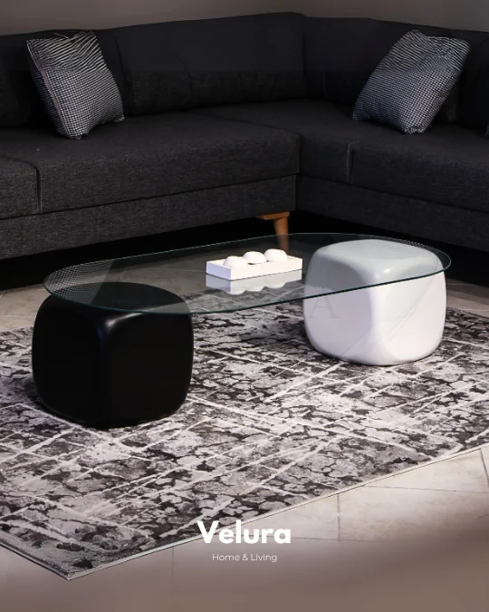 Küre Orta Sehpa - 1 Siyah Zar & 1 Beyaz Zar - Oval - Şeffaf Cam