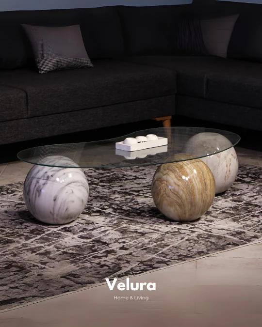 Küre Orta Sehpa - 1 Traverten Desen & 1 Mermer Desen & 1 Pleks Mermer - Fasulye - Şeffaf Cam