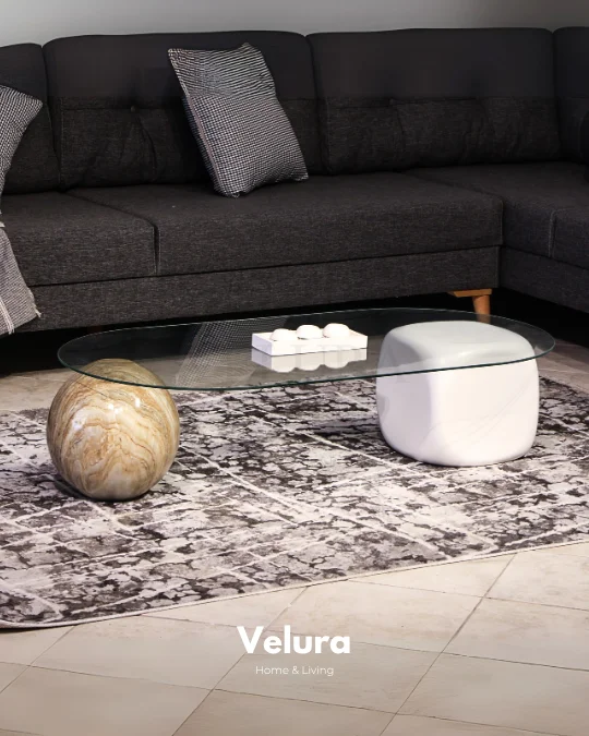 Küre Orta Sehpa - 1 Traverten Desen & 1 Beyaz Zar - Oval - Şeffaf Cam