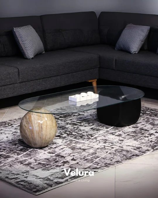 Küre Orta Sehpa - 1 Traverten Desen & 1 Siyah Zar - Oval - Şeffaf Cam