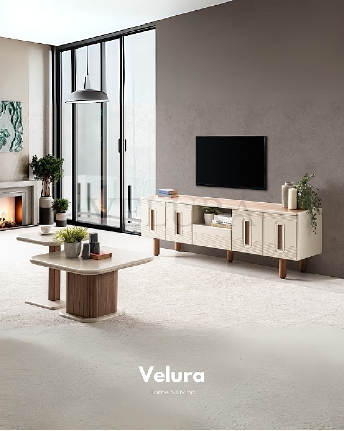 Ceviz Ayaklı Krem Üst Tablalı Orta Sehpa