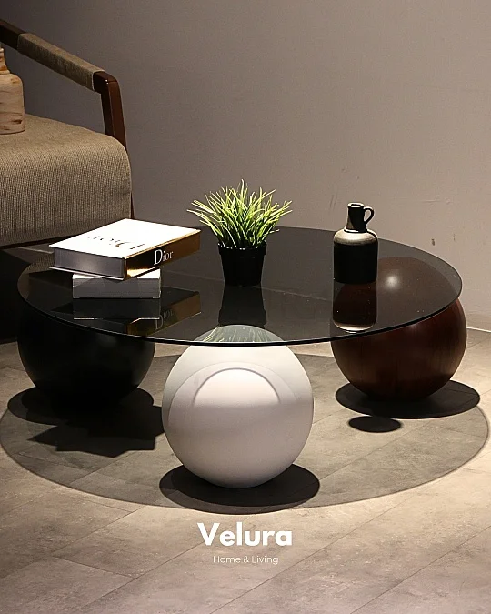 Küre Orta Sehpa - 1 Siyah Top & 1 Beyaz Top & 1 Ceviz Top - Yuvarlak- Füme Cam