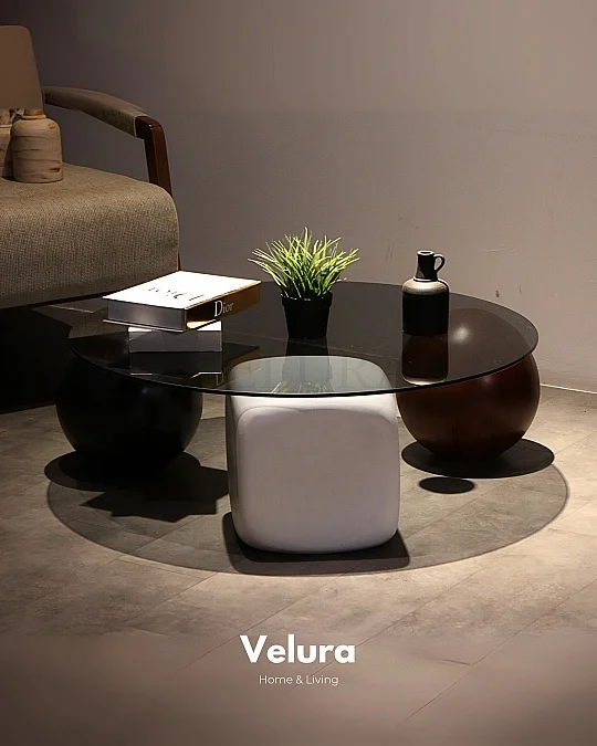 Küre Orta Sehpa - 1 Siyah Top & 1Ceviz Top & 1 Beyaz Zar - Yuvarlak - Füme Cam