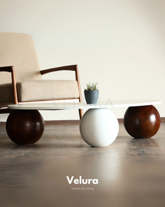 Küre Orta Sehpa - 2 Ceviz Top & 1 Beyaz Top - Fasulye - Beyaz Mdf