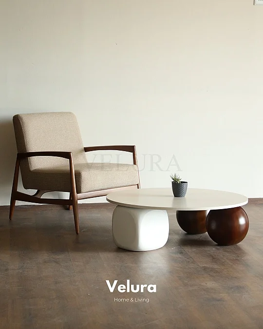 Küre Orta Sehpa - 2 Ceviz Top & 1 Beyaz Zar - Yuvarlak - Beyaz Mdf