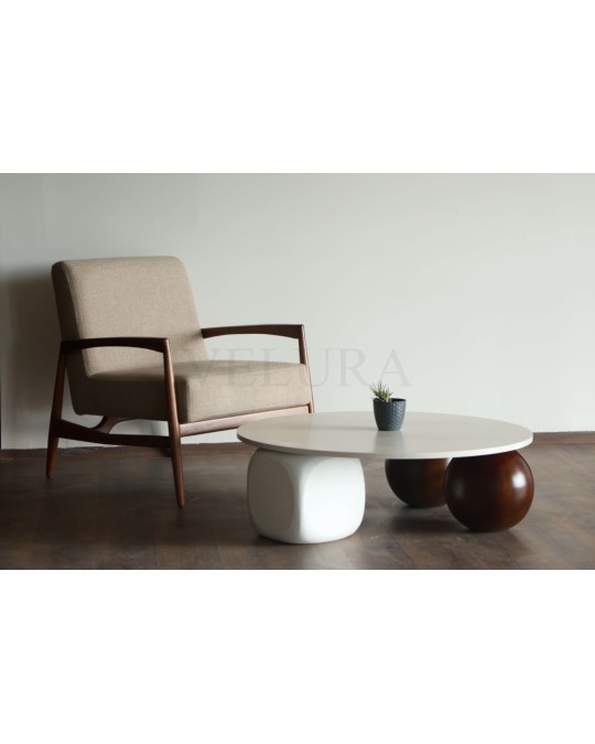 Küre Orta Sehpa - 2 Ceviz Top & 1 Beyaz Zar - Yuvarlak - Beyaz Mdf