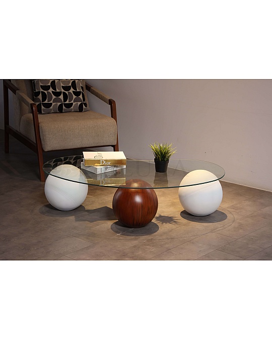 Küre Orta Sehpa - 2 Beyaz Top & 1 Ceviz Top - Fasulye - Şeffaf Cam