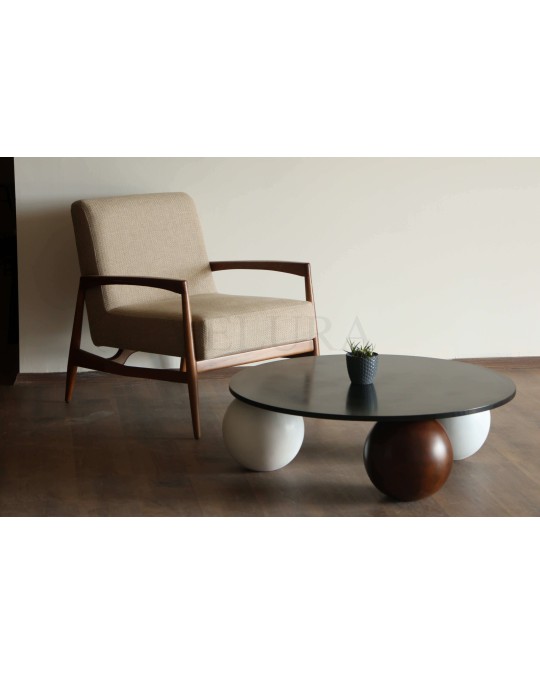 Küre Orta Sehpa - 2 Beyaz Top & 1 Ceviz Top - Yuvarlak - Siyah Mdf