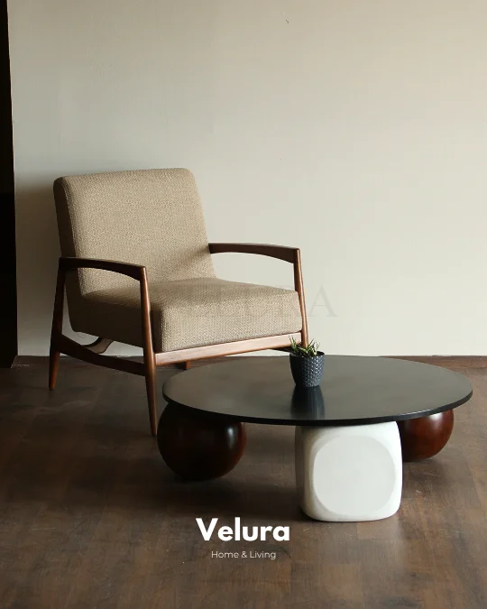 Küre Orta Sehpa - 2 Ceviz Top & 1 Beyaz Zar - Yuvarlak - Siyah Mdf