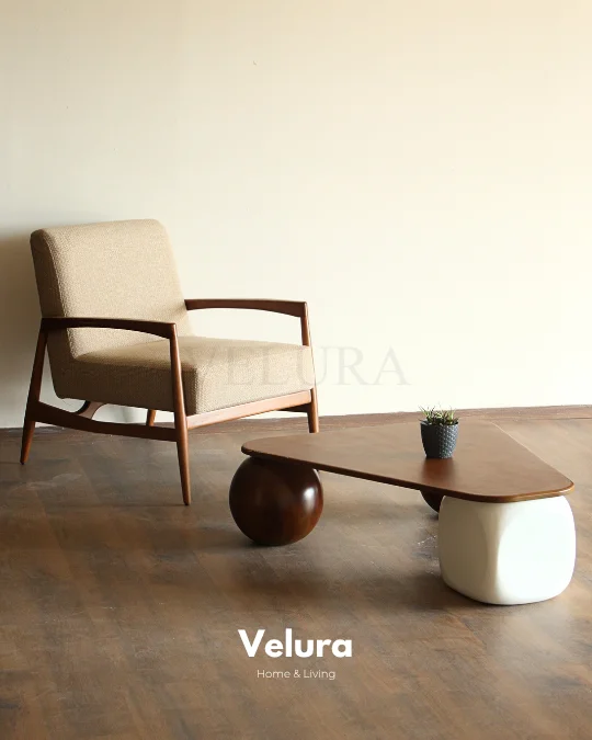 Küre Orta Sehpa - 2 Ceviz Top & 1 Beyaz Zar - Üçgen - Ceviz Mdf