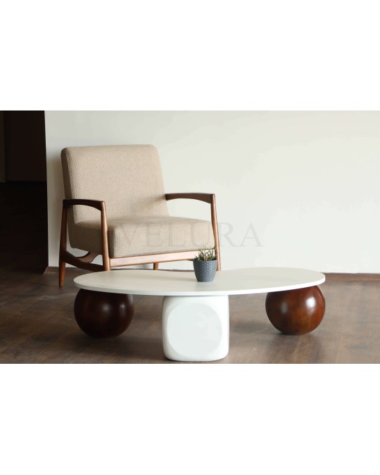 Küre Orta Sehpa - 2 Ceviz Top & 1 Beyaz Zar - Fasulye - Beyaz Mdf