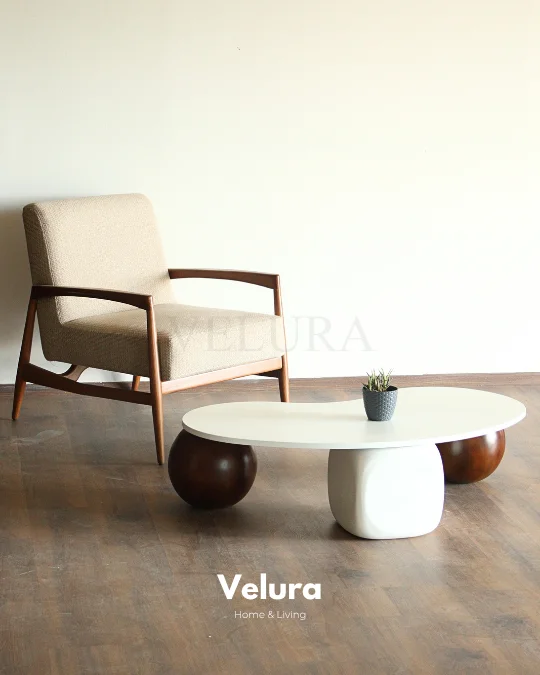 Küre Orta Sehpa - 2 Ceviz Top & 1 Beyaz Zar - Fasulye - Beyaz Mdf