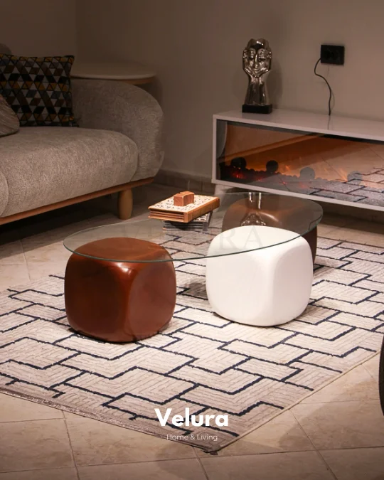 Küre Orta Sehpa - 2 Ceviz Zar & 1 Beyaz Zar - Fasulye - Şeffaf Cam