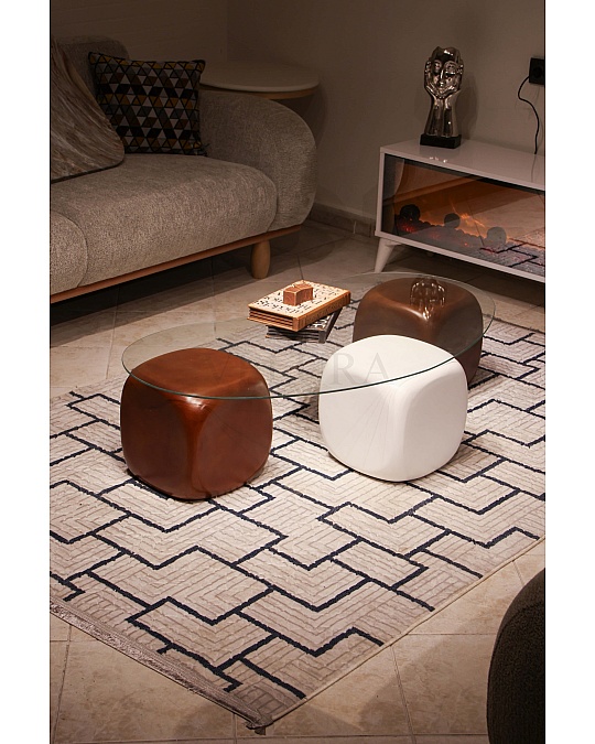 Küre Orta Sehpa - 2 Ceviz Zar & 1 Beyaz Zar - Fasulye - Şeffaf Cam