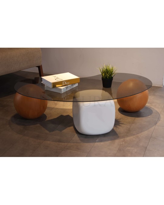 Küre Orta Sehpa - 2 Meşe Top & 1 Beyaz Zar - Fasulye - Füme Cam