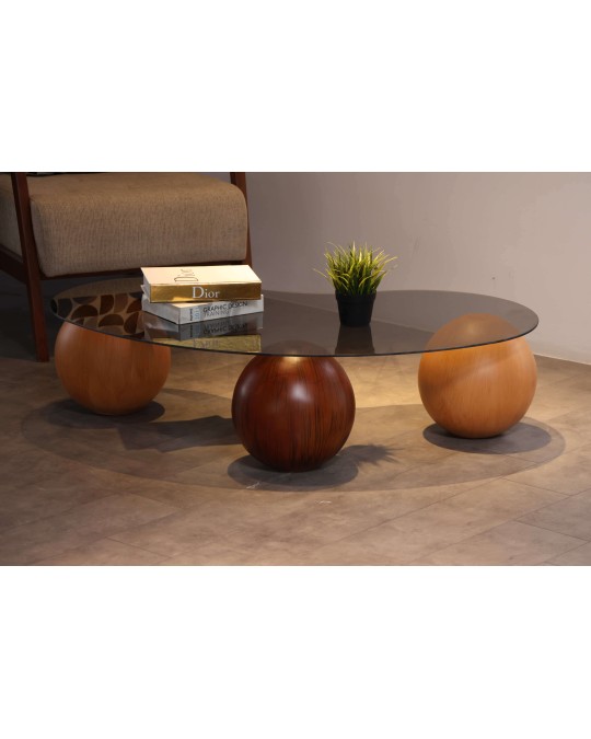 Küre Orta Sehpa - 2 Meşe Top & 1 Ceviz Top - Fasulye - Füme Cam