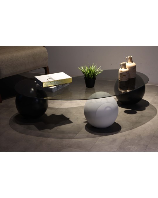 Küre Orta Sehpa - 2 Siyah Top & 1 Beyaz Top - Fasulye - Füme Cam