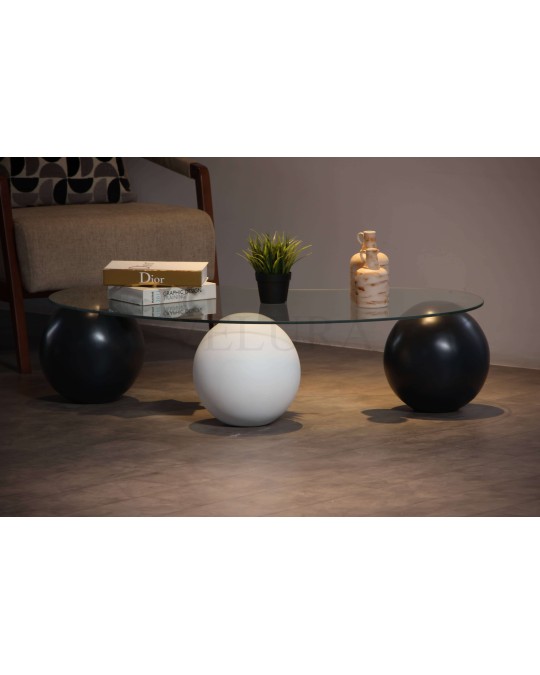 Küre Orta Sehpa - 2 Siyah Top & 1 Beyaz Top - Fasulye - Seffaf Cam