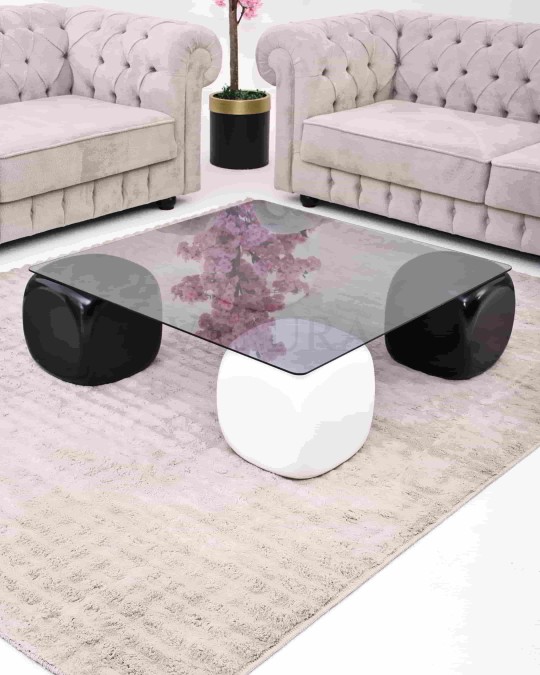 Küre Orta Sehpa & 2 Siyah Zar - 2 Beyaz Zar - Füme Kare Cam