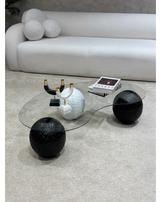 Küre Orta Sehpa - 2 Dragon (Siyah) & 1 Dragon (Beyaz) Top - Fasulye - Şeffaf Cam