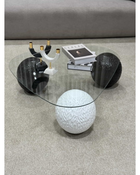 Küre Orta Sehpa - 2 Dragon (Siyah) & 1 Dragon (Beyaz) Top - Üçgen - Şeffaf Cam