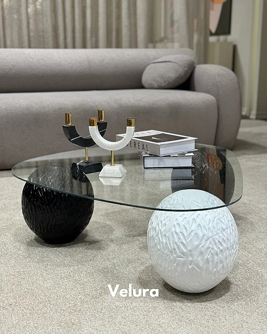 Küre Orta Sehpa - 2 Dragon (Siyah) & 1 Dragon (Beyaz) Top - Üçgen - Şeffaf Cam