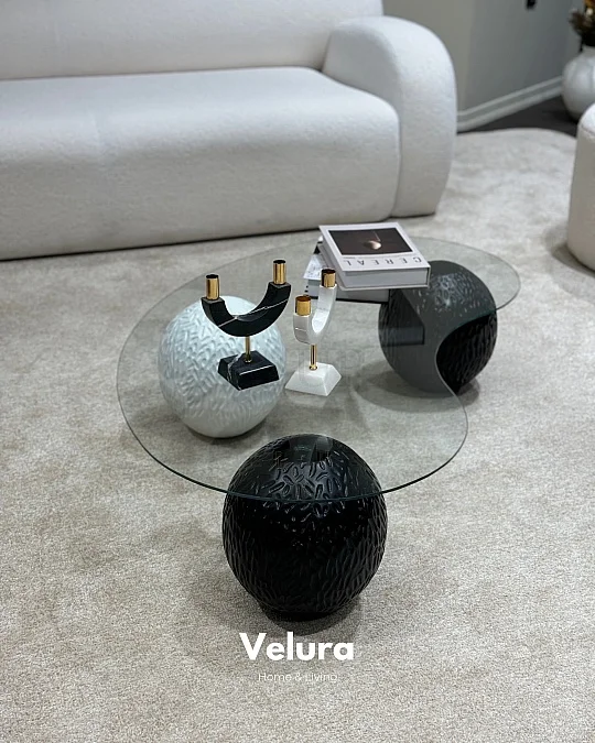 Küre Orta Sehpa - 2 Dragon (Siyah) & 1 Dragon (Beyaz) Top - Fasulye - Şeffaf Cam