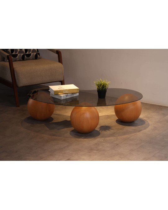 Küre Orta Sehpa - Meşe Top - Fasulye - Füme Cam 