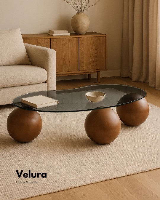 Küre Orta Sehpa - Ceviz Top - Fasulye - Füme Cam 