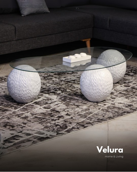 Küre Orta Sehpa - Dragon (Beyaz) - Fasulye - Şeffaf Cam