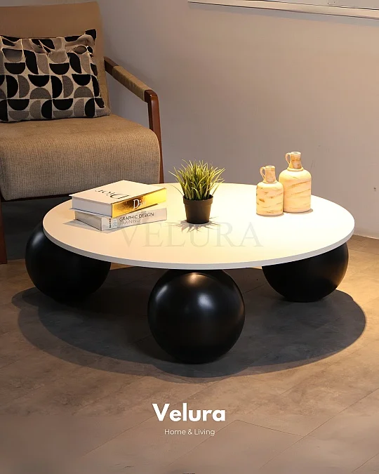 Küre Orta Sehpa - Siyah Top - Yuvarlak- Beyaz Mdf